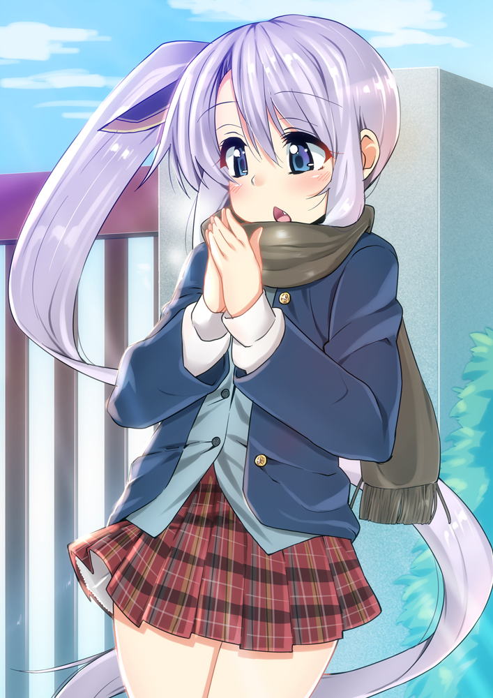 1girl ase_(nigesapo) azur_lane bangs blazer blue_blazer blue_eyes blue_sky blush breath brown_scarf chestnut_mouth clouds cloudy_sky commentary_request cowboy_shot day eyebrows_visible_through_hair eyelashes eyes_visible_through_hair fang fringe green_vest hair_between_eyes hands_up jacket lavender_hair long_hair long_ponytail long_sleeves miniskirt open_mouth outdoors own_hands_together parted_bangs plaid plaid_skirt pleated_skirt portland_(azur_lane) raised_eyebrows red_skirt scarf shirt side_ponytail skirt sky solo standing very_long_hair vest white_shirt