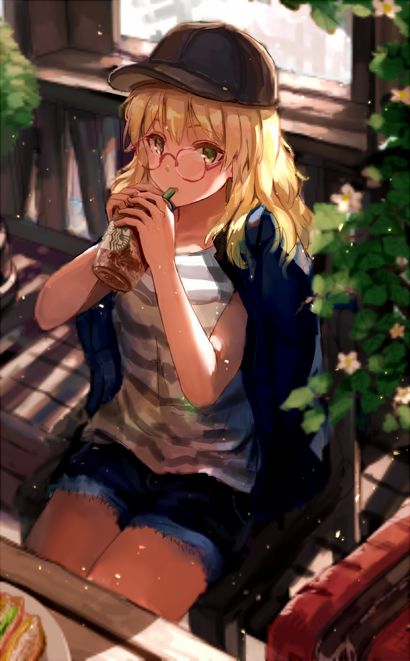 1girl bespectacled blonde_hair blurry coffee coffee_cup depth_of_field drinking_straw glasses green_eyes hat highres holding hoshii_miki idolmaster idolmaster_(classic) idolmaster_2 long_hair looking_at_viewer madogiwa_(ran5) peaked_cap red-framed_eyewear sitting solo starbucks
