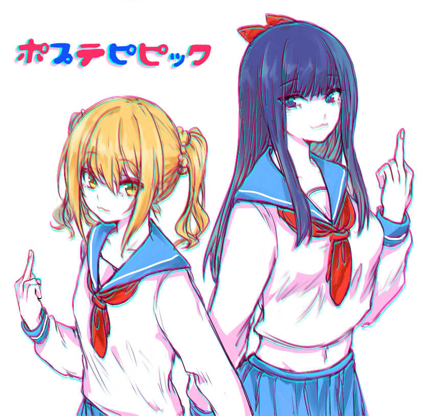 2girls :3 arm_at_side arm_up bangs blue_hair blue_sailor_collar blue_skirt bow chromatic_aberration closed_mouth copyright_name crop_top eyebrows_visible_through_hair hair_between_eyes hair_bow hair_ornament hair_scrunchie long_hair long_sleeves looking_at_viewer middle_finger multiple_girls neckerchief pipimi pleated_skirt poptepipic popuko red_bow red_neckwear sailor_collar school_uniform scrunchie serafuku shirt short_hair sidelocks simple_background skirt slit_pupils soraoni two_side_up white_background white_shirt yellow_eyes yellow_scrunchie