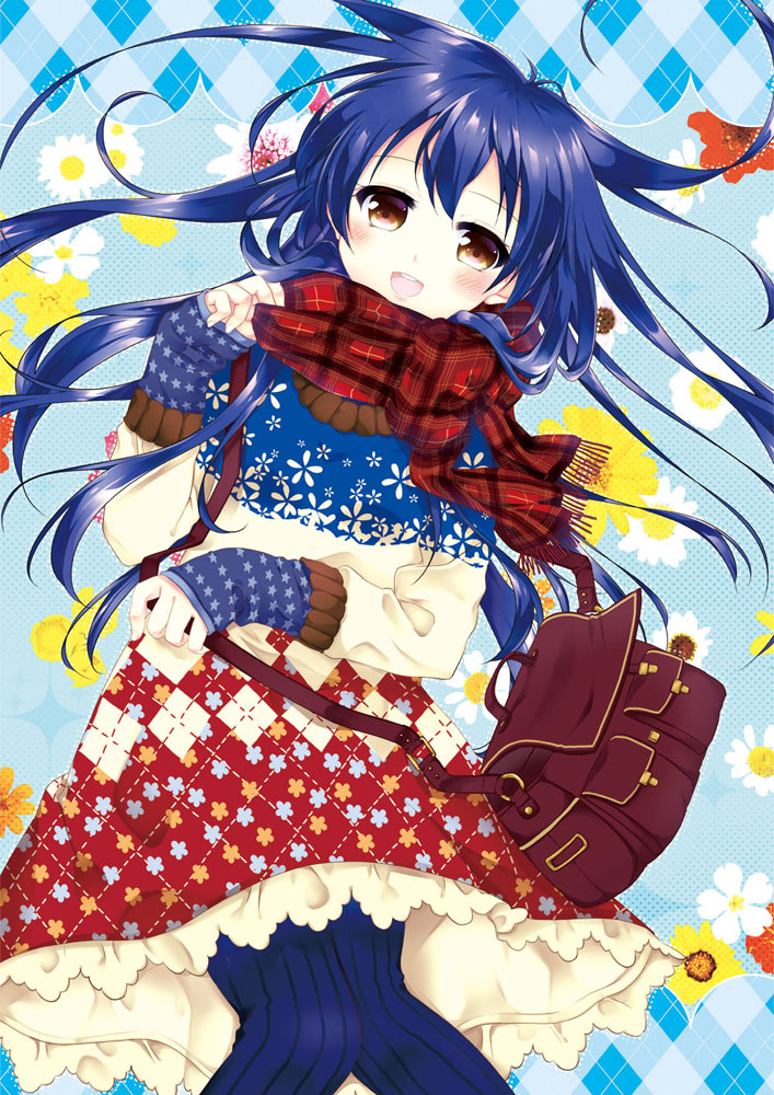 1girl bag blue_hair blue_legwear commentary_request cowboy_shot eyebrows_visible_through_hair floating_hair hair_between_eyes long_hair long_sleeves love_live! love_live!_school_idol_project open_mouth pantyhose plaid plaid_scarf ponton scarf smile solo sonoda_umi winter_clothes yellow_eyes