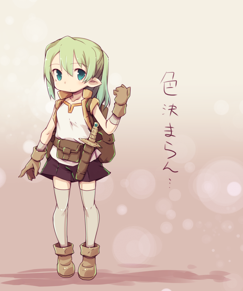 1girl arm_up backpack bag belt black_shorts boots dagger elf green_eyes green_hair long_hair original pointy_ears ponytail pouch sheath sheathed shirt short_shorts shorts solo thigh-highs weapon white_legwear white_shirt yoshi_(crossmind)