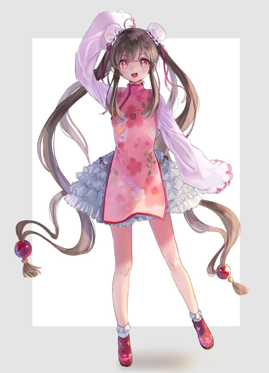 1girl ahoge arm_at_side arm_up bangs bare_legs blush bobby_socks brown_hair china_dress chinese_clothes dress floral_print frilled_skirt frills full_body hair_bun highres layered_skirt leg_up legs_apart long_hair long_sleeves looking_at_viewer low-tied_long_hair original pink_eyes print_dress red_footwear ribbon_trim rukako shoes sidelocks skirt sleeves_past_fingers socks solo standing standing_on_one_leg tareme twintails very_long_hair white_legwear white_skirt