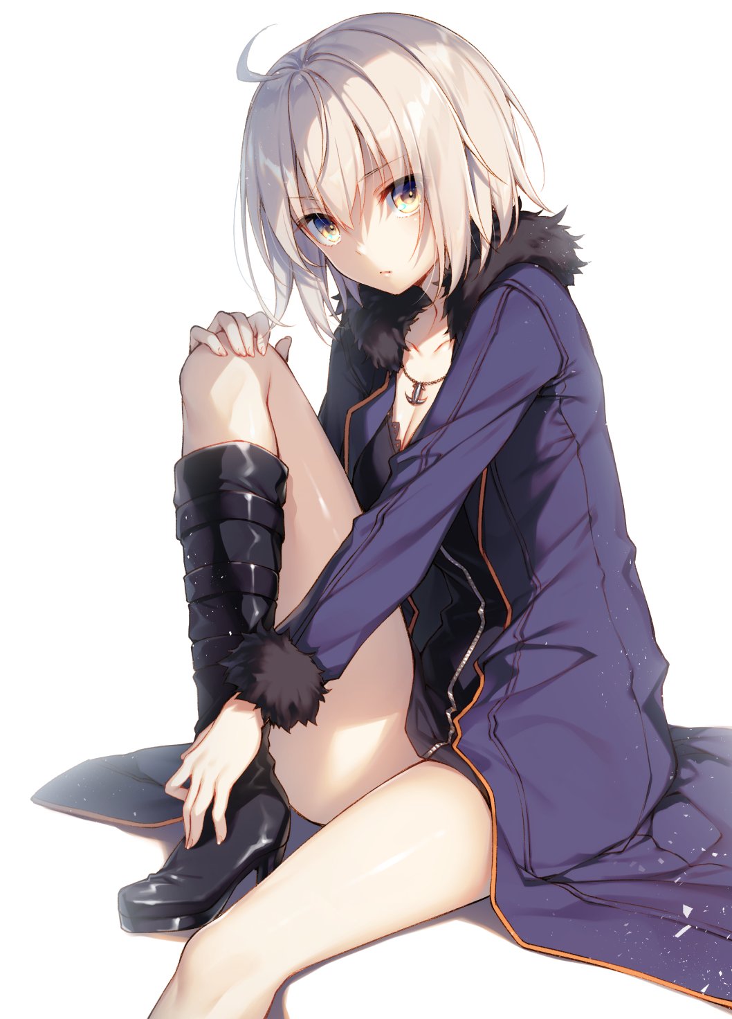 1girl ahoge boots fate/grand_order fate_(series) fur_trim highres jacket jeanne_d'arc_(alter)_(fate) jeanne_d'arc_(fate)_(all) jewelry legs necklace short_hair toosaka_asagi