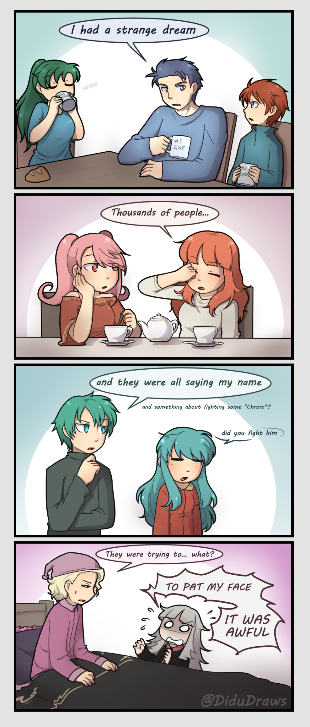 4koma blonde_hair celica_(fire_emblem) comic eirika eliwood_(fire_emblem) english ephraim fire_emblem fire_emblem:_seima_no_kouseki fire_emblem_echoes:_mou_hitori_no_eiyuuou fire_emblem_heroes fire_emblem_if green_eyes green_hair hat highres krom long_hair lyndis_(fire_emblem) mae_(fire_emblem) marks_(fire_emblem_if) pajamas redhead veronica_(fire_emblem)