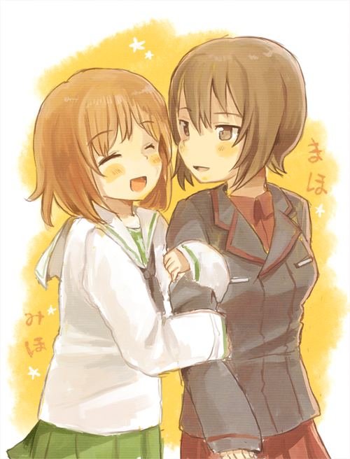 2girls :d ^_^ arm_hug bangs black_jacket black_neckwear blush brown_eyes brown_hair closed_eyes collared_shirt eyebrows_visible_through_hair foomi girls_und_panzer green_skirt jacket kuromorimine_military_uniform long_sleeves looking_at_another multiple_girls neckerchief nishizumi_maho nishizumi_miho no_hat no_headwear ooarai_school_uniform open_mouth pleated_skirt red_shirt red_skirt school_uniform serafuku shirt short_hair siblings sisters skirt sleeves_past_wrists smile white_shirt