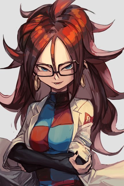 1girl android_21 black-framed_eyewear blue_eyes breasts brown_hair checkered checkered_dress curly_hair dragon_ball dragon_ball_fighterz dress earrings glasses grey_background hankuri hoop_earrings jacket jewelry labcoat long_hair looking_at_viewer medium_breasts nail_polish open_mouth smile solo upper_body