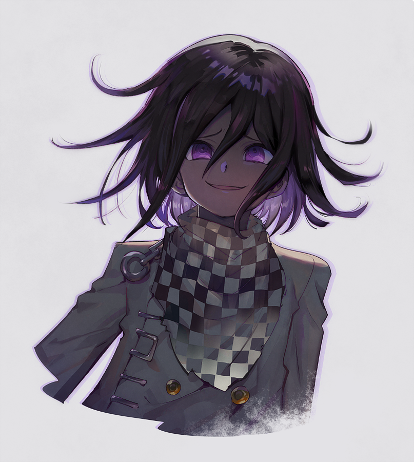 1boy aoki_(fumomo) black_hair chains checkered_neckwear cravat dangan_ronpa grey_background hair_between_eyes looking_at_viewer male_focus multicolored_hair new_dangan_ronpa_v3 open_mouth ouma_kokichi purple_hair raised_eyebrows sidelocks simple_background smile two-tone_hair uniform upper_body