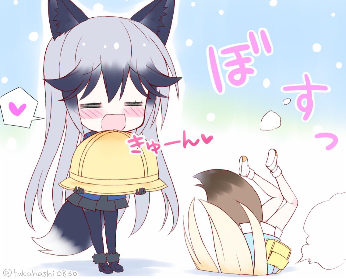 2girls animal_ears bag black_legwear blonde_hair blue_shirt blush chibi closed_eyes commentary_request ezo_red_fox_(kemono_friends) fox_ears fox_tail gloves hat heart holding kemono_friends kindergarten_uniform long_hair mary_janes multiple_girls open_mouth pantyhose partially_submerged shirt shoes showing silver_fox_(kemono_friends) silver_hair skirt smile snow socks spoken_heart tail takahashi_tetsuya translation_request upside-down white_footwear white_skirt