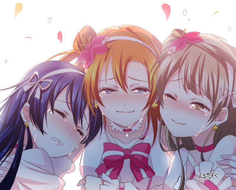 3girls bangs blue_eyes blue_hair blush bokutachi_wa_hitotsu_no_hikari choker closed_eyes commentary_request crying crying_with_eyes_open erutasuku eyebrows_visible_through_hair flower gloves grey_hair hair_between_eyes hair_flower hair_ornament kousaka_honoka long_hair love_live! love_live!_school_idol_project minami_kotori multiple_girls one_eye_closed one_side_up orange_hair sandwiched simple_background smile sonoda_umi tears upper_body yellow_eyes