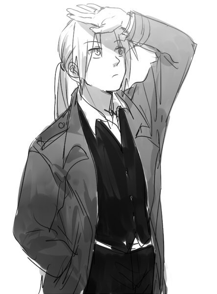 1boy coat edward_elric expressionless eyebrows_visible_through_hair formal fullmetal_alchemist greyscale hand_in_pocket hand_on_own_face long_hair long_sleeves looking_up male_focus monochrome pants ponytail riru shaded_face shirt simple_background standing waistcoat white_background white_shirt
