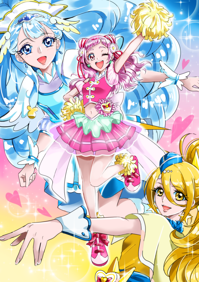 blonde_hair blue_eyes blue_hair cure_ange cure_etoile cure_yell double_bun earrings flower gacchahero hair_flower hair_ornament hair_ribbon hugtto!_precure jewelry kagayaki_homare long_hair magical_girl navel nono_hana open_mouth pink_eyes pink_hair pink_skirt pom_poms precure red_ribbon ribbon skirt yakushiji_saaya