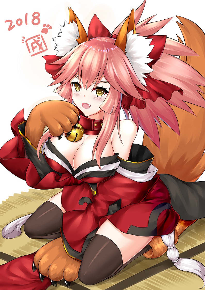 1girl 2018 animal_ears bare_shoulders bell bell_collar black_legwear blush bow breasts cat_paws cleavage collar detached_sleeves eyebrows_visible_through_hair fang fate/grand_order fate_(series) fox_ears fox_tail gloves hair_bow hair_ribbon japanese_clothes jingle_bell large_breasts long_hair looking_at_viewer open_mouth paw_gloves paw_shoes paws pink_hair ponytail red_ribbon ribbon shoes solo tail tamamo_(fate)_(all) tamamo_cat_(fate) thighs yan_lie yellow_eyes