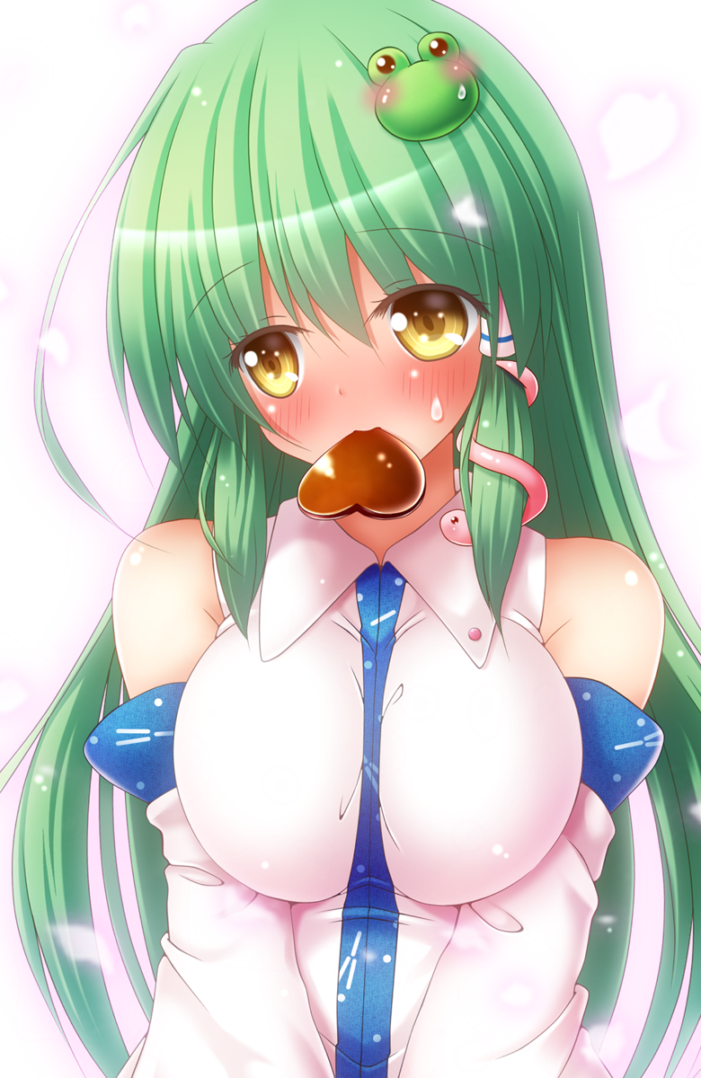 1girl bare_shoulders breasts chocolate chocolate_heart commentary_request detached_sleeves eyes_visible_through_hair frog_hair_ornament green_hair hair_ornament hair_tubes heart highres kochiya_sanae large_breasts long_hair looking_away mouth_hold osashin_(osada) simple_background snake_hair_ornament solo sweatdrop touhou upper_body valentine white_background yellow_eyes