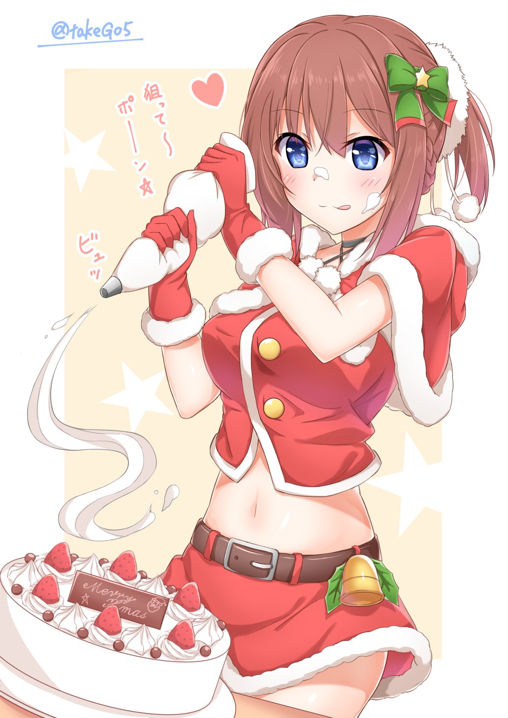 1girl :q azur_lane blue_eyes bow brown_hair cake capelet commentary_request food fruit hair_bow hair_ornament highres holding long_hair navel repulse_(azur_lane) santa_costume simple_background solo strawberry takeg05 tongue tongue_out translated