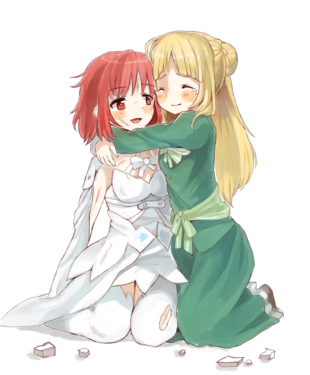 2girls :d bangs blonde_hair blush bow breasts brown_footwear bruise closed_eyes closed_mouth crying dress eyebrows_visible_through_hair fingernails foomi green_shirt green_skirt hair_bun highres hug injury izetta kneeling long_hair long_skirt long_sleeves multiple_girls open_mouth ortfine_fredericka_von_eylstadt red_eyes redhead shirt shuumatsu_no_izetta sidelocks sitting skirt skirt_set small_breasts smile tears thigh-highs torn_clothes torn_thighhighs very_long_hair wariza white_background white_bow white_dress white_legwear