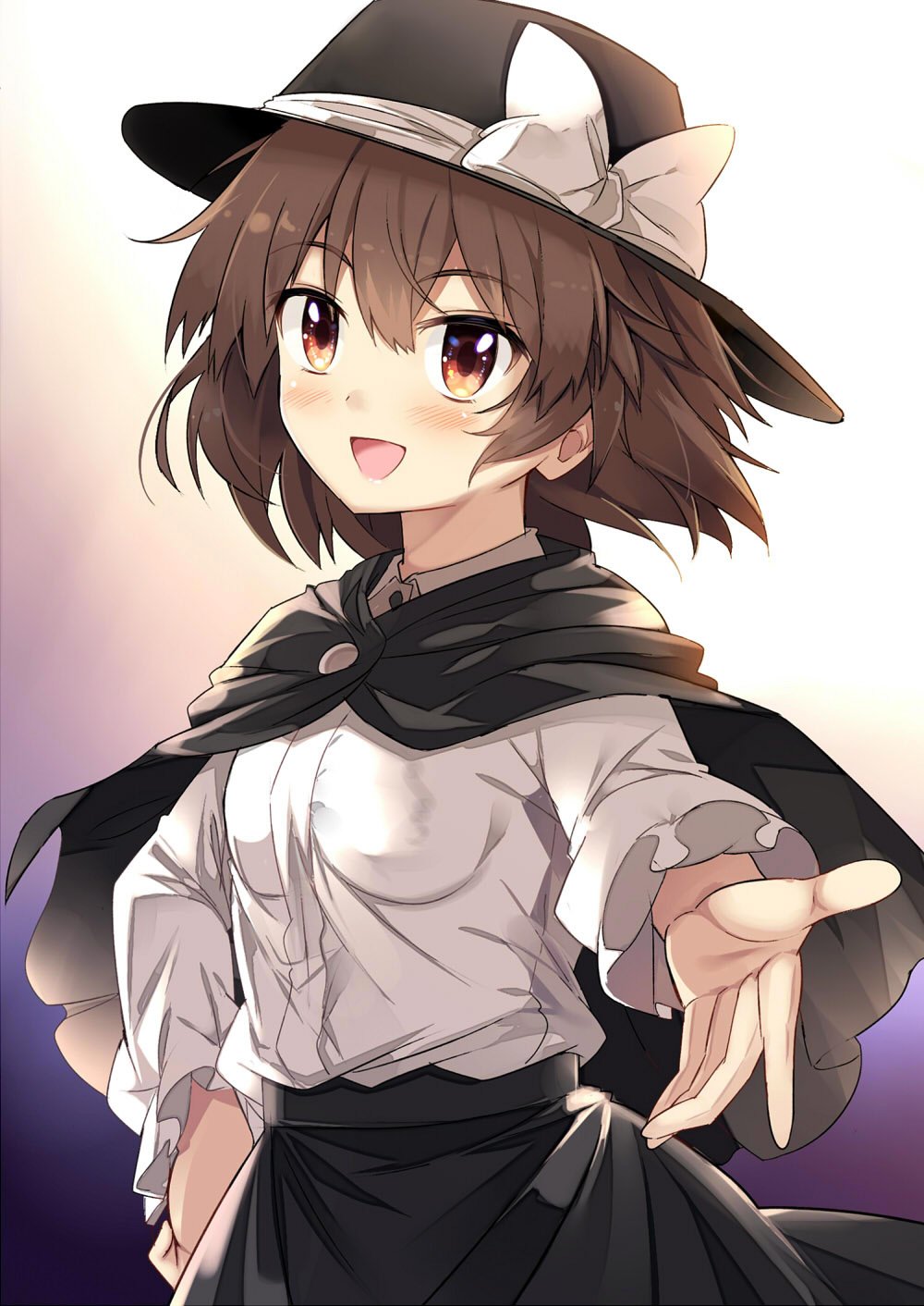 1girl black_capelet black_skirt blush bow breasts brown_eyes brown_hair capelet commentary_request cowboy_shot e.o. eyebrows_visible_through_hair fedora gradient gradient_background hair_between_eyes hand_on_hip hat hat_bow highres long_sleeves looking_at_viewer open_mouth purple_background reaching_out shirt short_hair skirt small_breasts smile solo touhou usami_renko white_background white_bow white_shirt