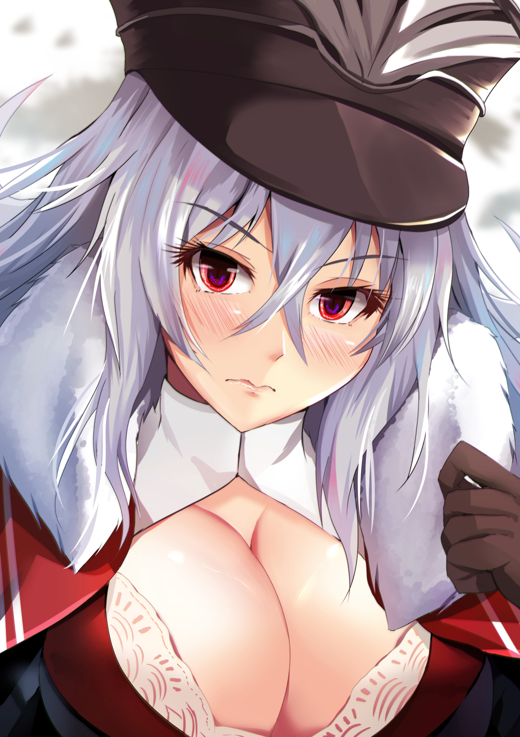 1girl 3: azur_lane blush breasts brown_gloves cleavage fur_scarf gloves graf_zeppelin_(azur_lane) hat highres kanzaki_kureha long_hair looking_at_viewer peaked_cap red_eyes silver_hair solo