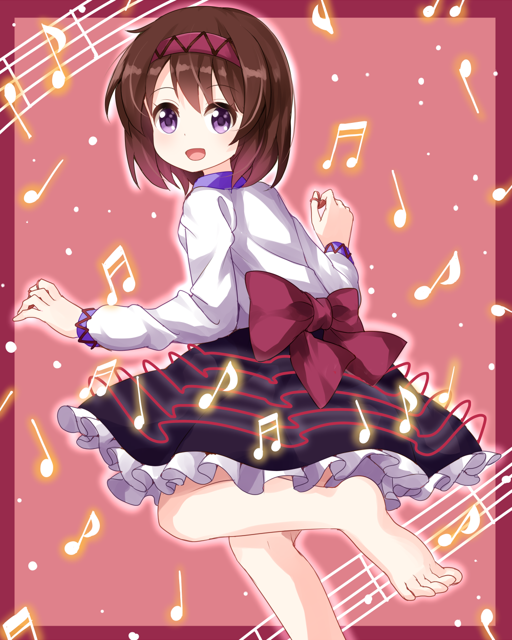 1girl barefoot beamed_quavers bow brown_hair commentary_request eyebrows_visible_through_hair from_behind hairband highres long_sleeves looking_at_viewer looking_back musical_note open_mouth petticoat red_bow red_hairband ruu_(tksymkw) shirt short_hair smile solo touhou tsukumo_yatsuhashi violet_eyes white_shirt