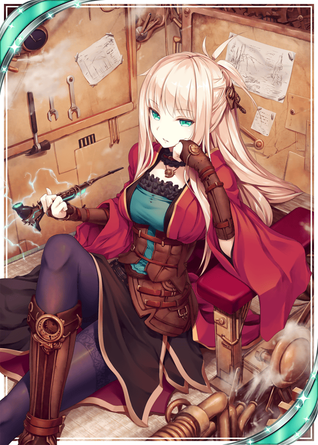 1girl akkijin aqua_eyes blonde_hair blueprint boots breasts card_(medium) hammer holding holding_pipe jewelry lightning looking_at_viewer medium_breasts necklace official_art pantyhose pipe shinkai_no_valkyrie sitting solo workshop worktool wrench