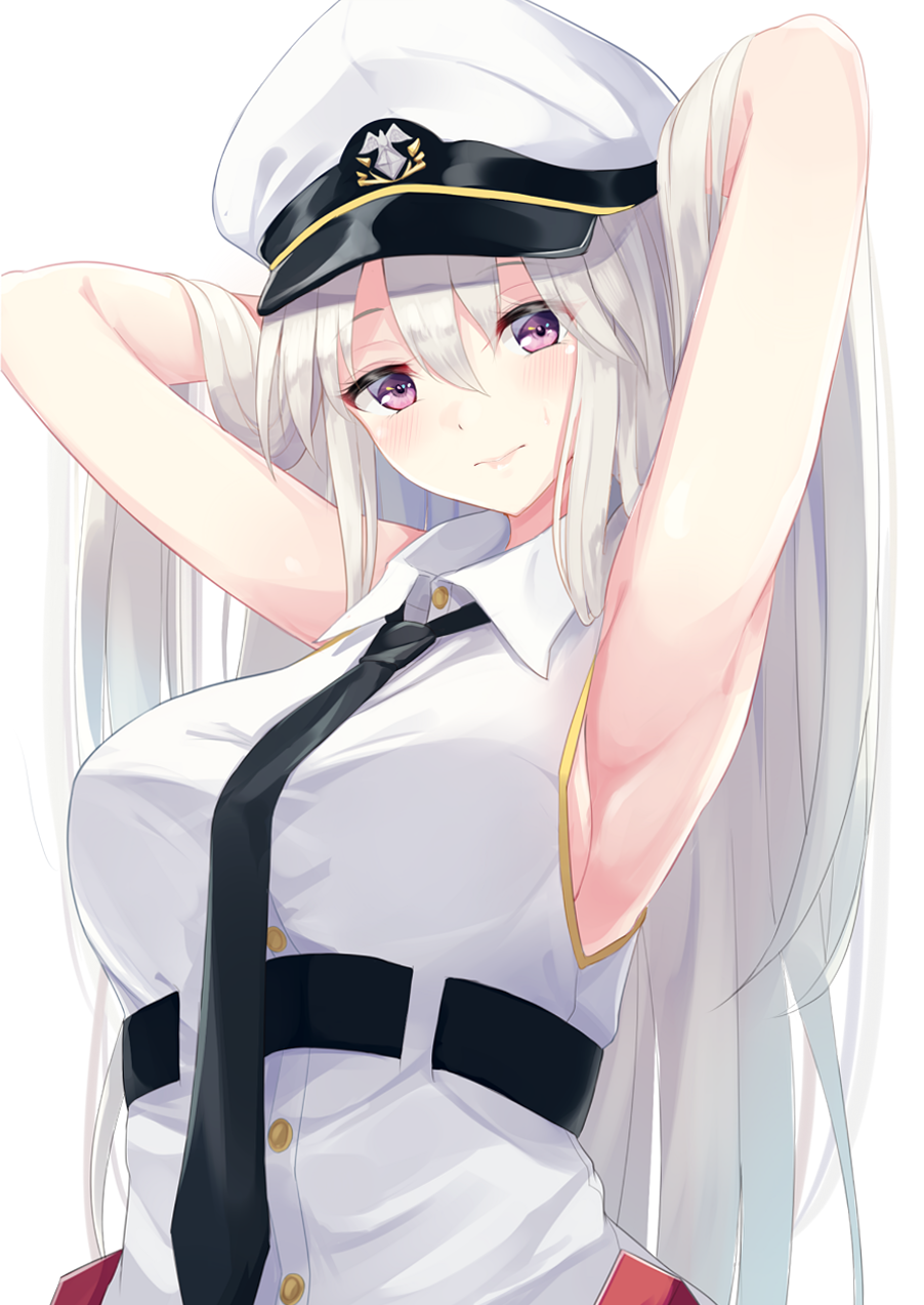 1girl armpits arms_behind_head azur_lane bangs belt breasts enterprise_(azur_lane) hands_in_hair hands_up hat head_tilt highres igakusei long_hair looking_at_viewer necktie shirt sidelocks sleeveless upper_body violet_eyes white_hair white_shirt