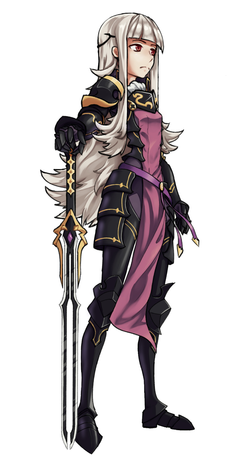 1girl armor artist_request cape circlet cosplay crown fire_emblem fire_emblem_heroes fire_emblem_if full_body grey_hair highres long_hair marks_(fire_emblem_if) marks_(fire_emblem_if)_(cosplay) red_eyes siegfried_(sword) solo sword veronica_(fire_emblem) weapon