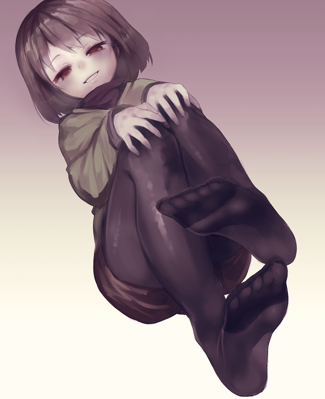 androgynous black_legwear blush brown_hair brown_shorts dutch_angle eyebrows_visible_through_hair feet foreshortening frisk_(undertale) gradient gradient_background hands_on_own_knees invisible_chair long_sleeves looking_at_viewer oshiruko_(tsume) pale_skin pantyhose parted_lips red_eyes shiny shiny_clothes short_hair shorts sitting soles solo undertale