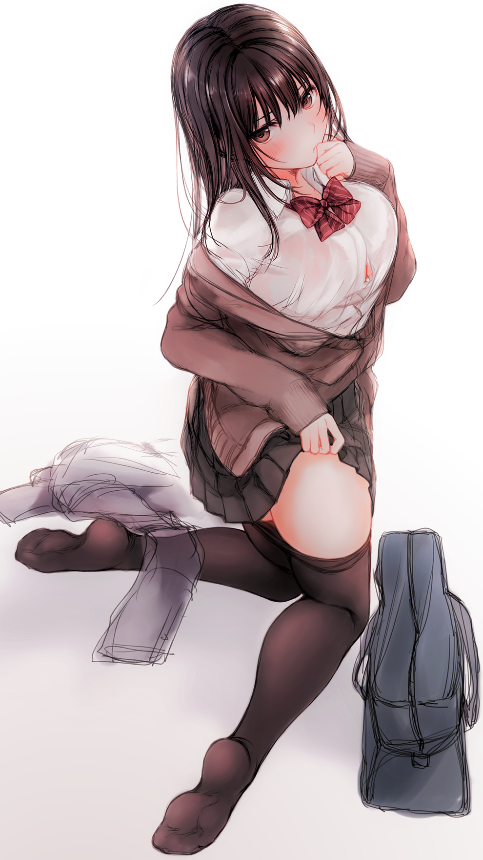 1girl bag bangs black_hair black_legwear bow bowtie brown_eyes cleavage_cutout commentary_request from_above hand_to_own_mouth highres kirisawa_saki lifted_by_self long_hair looking_at_viewer looking_back looking_up off_shoulder original pantyhose pantyhose_pull pleated_skirt school_bag school_uniform shirt skirt skirt_lift solo sweater thighs uniform white_background white_shirt