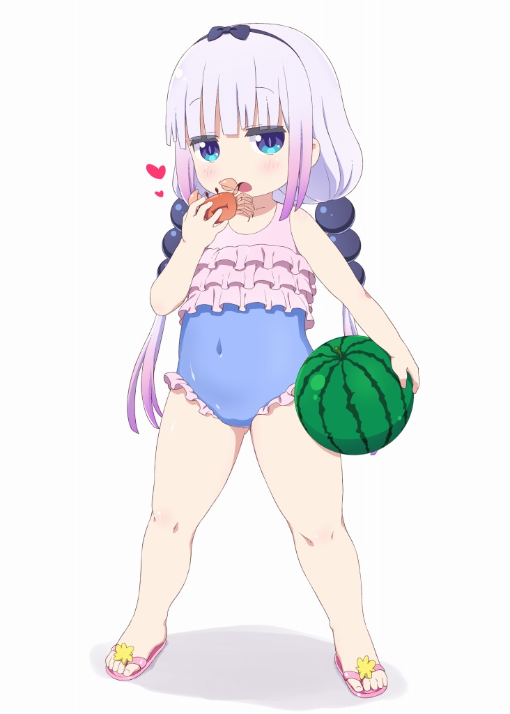 1girl beads blue_eyes casual_one-piece_swimsuit covered_navel crab food frilled_swimsuit frills fruit full_body hair_beads hair_ornament hairband hiro_hiroki kanna_kamui kobayashi-san_chi_no_maidragon lavender_hair low_twintails one-piece_swimsuit pink_hair purple_swimsuit sandals simple_background solo standing swimsuit twintails watermelon white_background