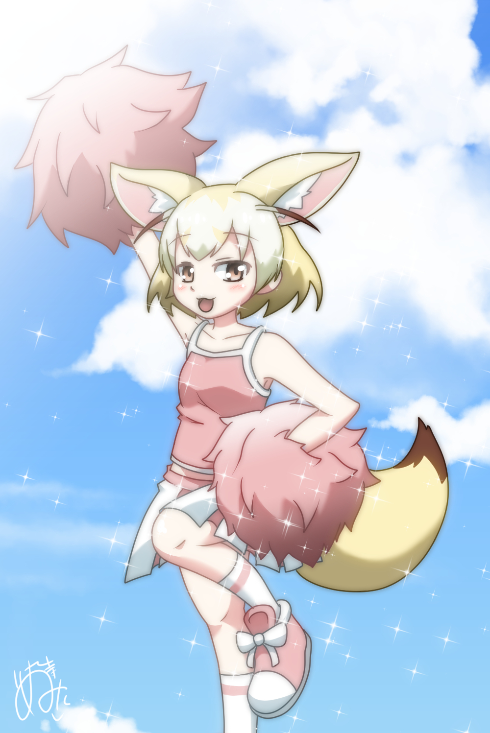 alternate_costume animal_ears bare_shoulders blush cheerleader fennec_(kemono_friends) fox_ears fox_tail highres jumping kemono_friends kenu_hachi open_mouth pom_poms tail