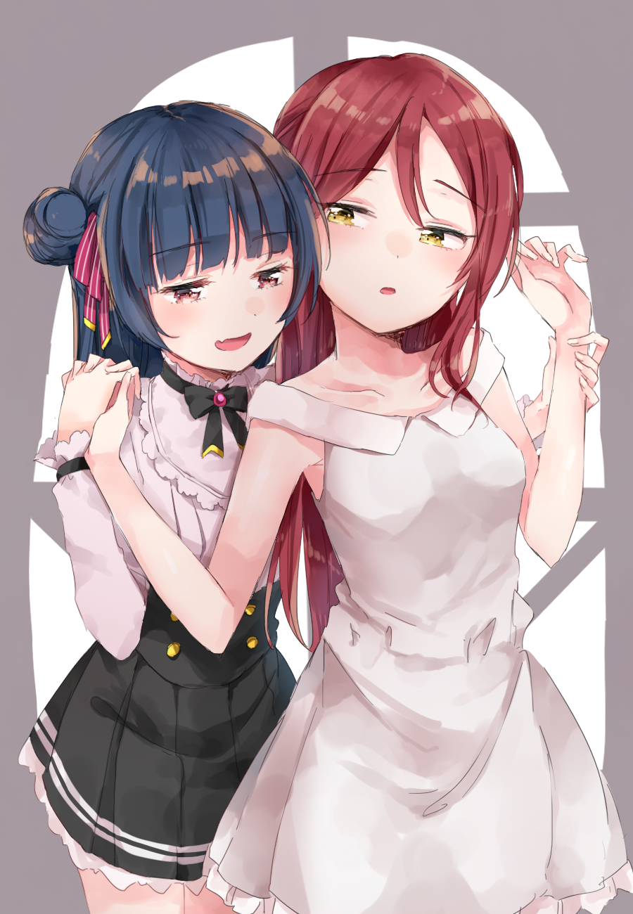 2girls bangs black_neckwear black_skirt blue_hair blunt_bangs bow bowtie brooch collarbone commentary_request dress fang frilled_shirt_collar frills grey_dress hair_ribbon half-closed_eyes hand_holding hands_up high-waist_skirt highres jewelry long_hair long_sleeves love_live! love_live!_sunshine!! multiple_girls open_mouth pleated_skirt redhead ribbon sakurauchi_riko side_bun skirt sleeveless sleeveless_dress smile tatsuyoshi_(zawahomura) tsushima_yoshiko violet_eyes wrist_grab yellow_eyes yuri