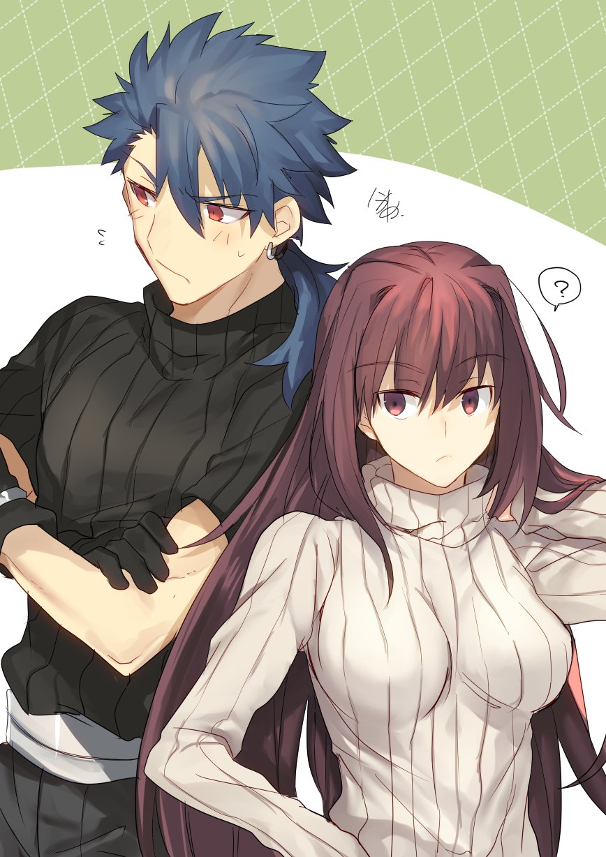 1boy 1girl black_gloves black_sweater blue_hair blush closed_mouth commentary_request cu_chulainn_(fate/prototype) earrings eyebrows_visible_through_hair fate/grand_order fate/prototype fate_(series) gloves highres jewelry lancer long_hair nikame open_eyes ponytail purple_hair red_eyes scathach_(fate/grand_order) signature simple_background sweater turtleneck turtleneck_sweater violet_eyes white_sweater