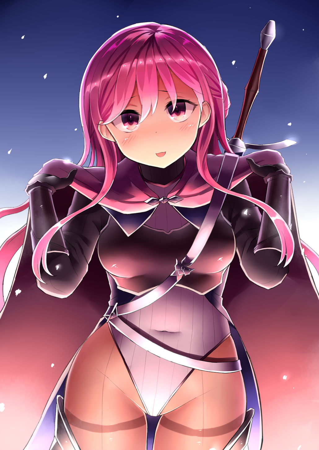 1girl breastplate cape commentary_request cowboy_shot elbow_gloves gloves hair_between_eyes hair_bun highres leg_armor long_sleeves looking_at_viewer neit_ni_sei open_mouth original pantyhose pink_eyes pink_hair redhead sidelocks solo sword sword_behind_back unitard weapon