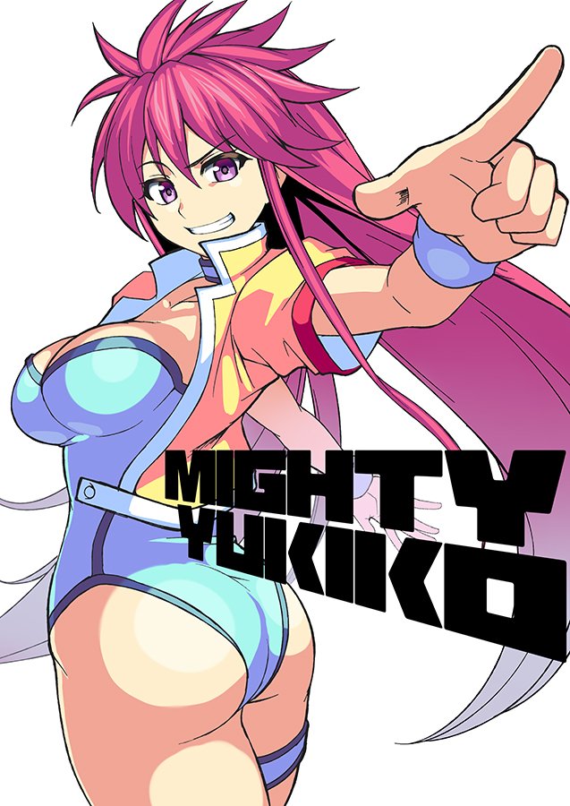 1girl blue_leotard breasts cleavage kupala large_breasts leotard long_hair mighty_yukiko open_mouth pink_hair smile solo violet_eyes wrestle_angels wrestle_angels_survivor wrestling wrestling_outfit wristband