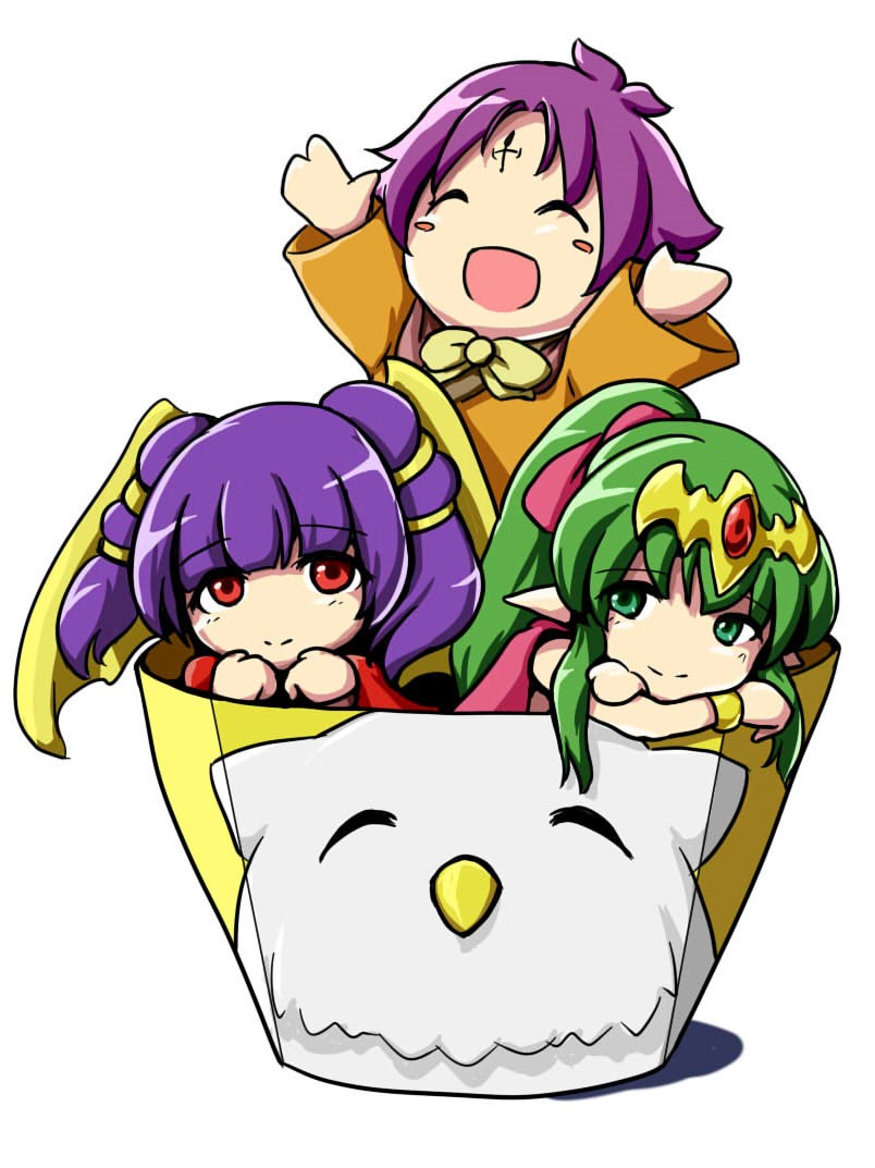 artist_request blush cape chibi chiki dragon_girl dragon_wings dress fa fire_emblem fire_emblem:_fuuin_no_tsurugi fire_emblem:_mystery_of_the_emblem fire_emblem:_seima_no_kouseki fire_emblem_heroes gloves green_hair long_hair mamkute myrrh open_mouth ponytail purple_hair red_eyes short_hair smile twintails wings