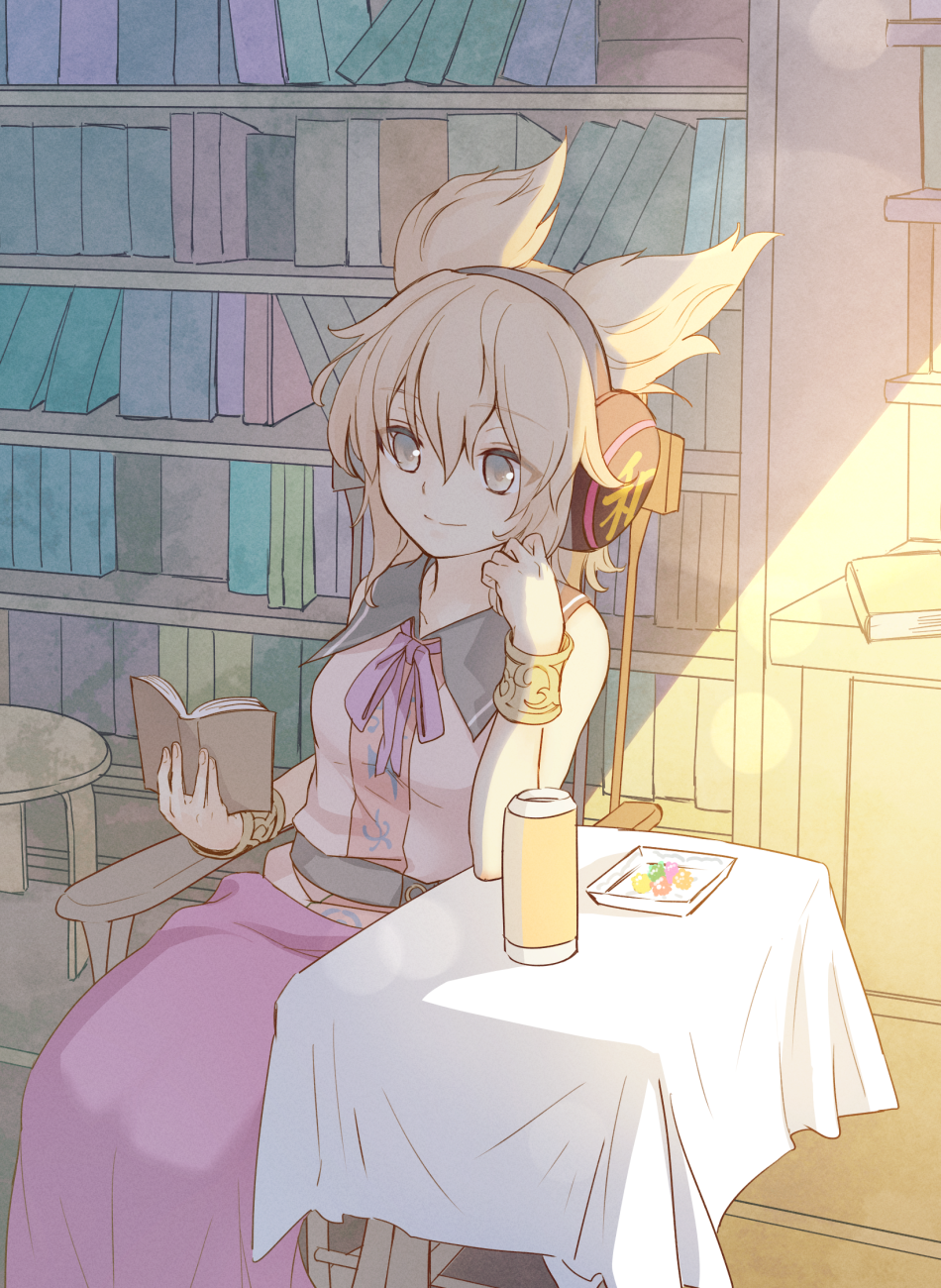 1girl blonde_hair book bookshelf bracelet brown_eyes brown_hair earmuffs highres jewelry makuwauri reading short_hair sitting sleeveless smile solo table tablecloth touhou toyosatomimi_no_miko