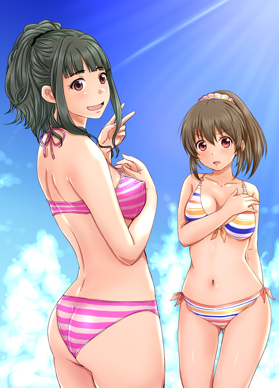 2girls ass bangs bikini black_hair blue_sky blunt_bangs breasts brown_eyes brown_hair clouds cowboy_shot eyebrows_visible_through_hair front-tie_top fujii_tomo gluteal_fold hori_yuuko idolmaster idolmaster_cinderella_girls long_hair looking_at_viewer medium_breasts multicolored multicolored_bikini multicolored_clothes multiple_girls navel nozarashi_satoru outdoors pink_bikini ponytail side-tie_bikini sky standing striped striped_bikini swimsuit