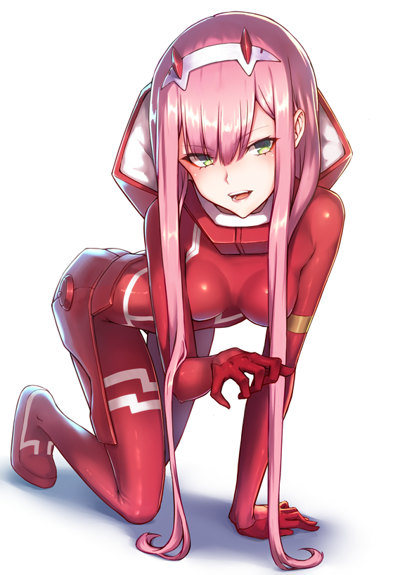 1girl all_fours bangs blush bodysuit breasts commentary_request darling_in_the_franxx eyebrows_visible_through_hair green_eyes hairband horns long_hair looking_at_viewer medium_breasts open_mouth pink_hair red_bodysuit ryuinu shiny shiny_clothes shiny_hair skin_tight smile solo teeth tongue white_hairband zero_two_(darling_in_the_franxx)