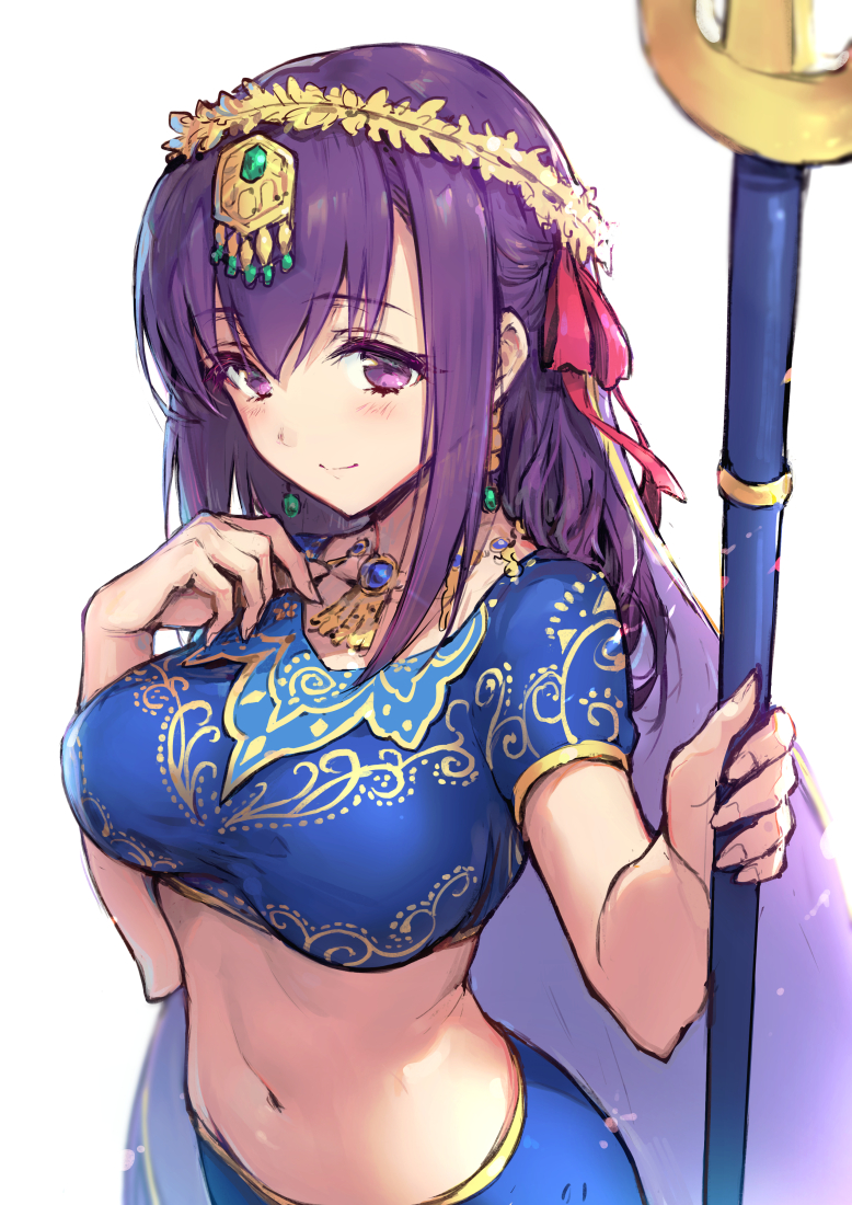 1girl breasts crop_top earrings fate/grand_order fate_(series) flower hair_flower hair_ornament haoni indian_clothes jewelry large_breasts long_hair looking_at_viewer matou_sakura midriff navel necklace parvati_(fate/grand_order) polearm purple_hair shirt sketch solo tareme taut_clothes taut_shirt violet_eyes weapon