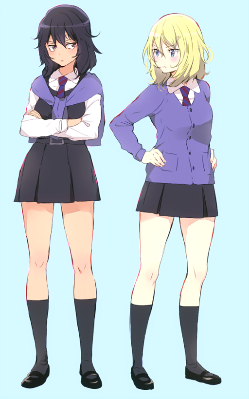 2girls andou_(girls_und_panzer) bangs bc_freedom_school_uniform black_footwear black_legwear black_skirt black_vest blue_background blue_jacket blue_neckwear blush closed_mouth commentary_request crossed_arms diagonal_stripes dress_shirt ebi_(eeemimn) frown full_body girls_und_panzer hands_on_hips jacket jacket_around_neck kneehighs long_sleeves looking_at_another mary_janes medium_hair miniskirt multicolored_neckwear multiple_girls oshida_(girls_und_panzer) pleated_skirt red_neckwear shirt shoes side-by-side skirt standing vest white_shirt wing_collar