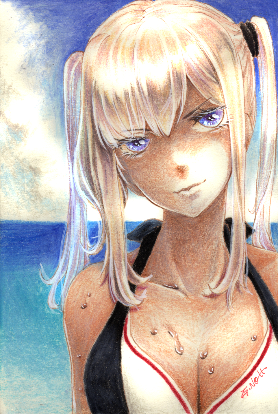 1girl alternate_costume bangs beach bikini blonde_hair blue_eyes blue_sky breasts cleavage closed_mouth clouds collarbone eyebrows_visible_through_hair eyes_visible_through_hair graf_zeppelin_(kantai_collection) hair_between_eyes hair_tie head_tilt highres kantai_collection large_breasts long_hair looking_at_viewer millipen_(medium) ocean postcard sidelocks signature sky smile solo swimsuit tan tesun_(g_noh) traditional_media tsurime twintails watercolor_pencil_(medium) wet