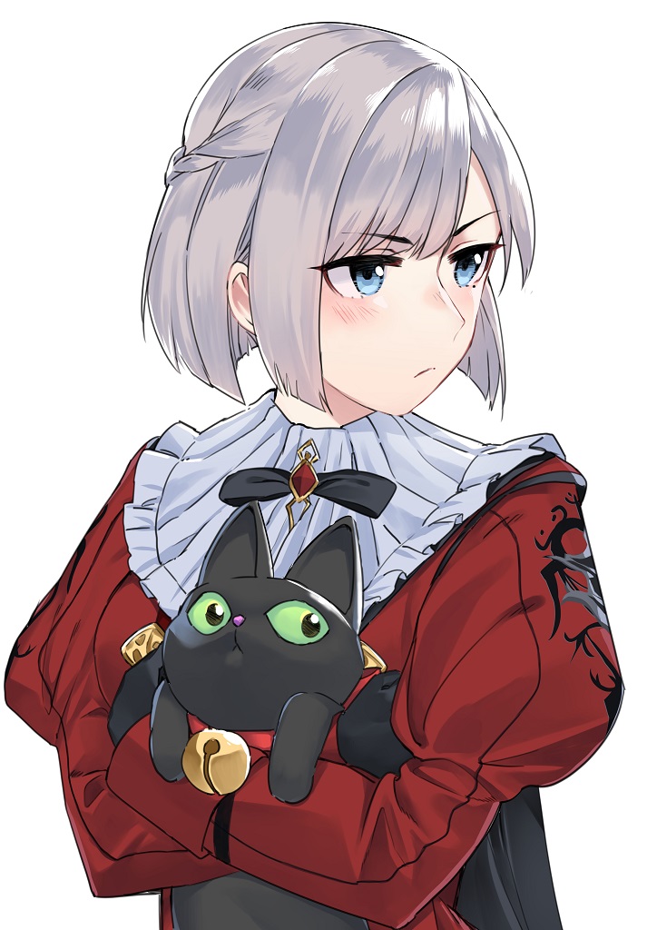 1girl bell bell_collar black_cat blue_eyes cat character_request collar commentary_request eyebrows_visible_through_hair final_fantasy final_fantasy_xiv grey_hair hug jun_project long_sleeves looking_to_the_side short_hair simple_background upper_body white_background