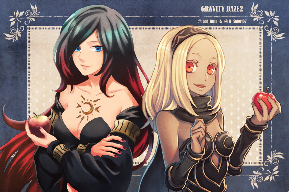 2boys apple bare_shoulders black_hair blonde_hair blush breasts crow_(gravity_daze) dark_skin flaxvivi food fruit gravity_daze gravity_daze_2 hairband kitten_(gravity_daze) long_hair looking_at_viewer medium_breasts multicolored_hair multiple_boys red_eyes redhead scarf simple_background smile