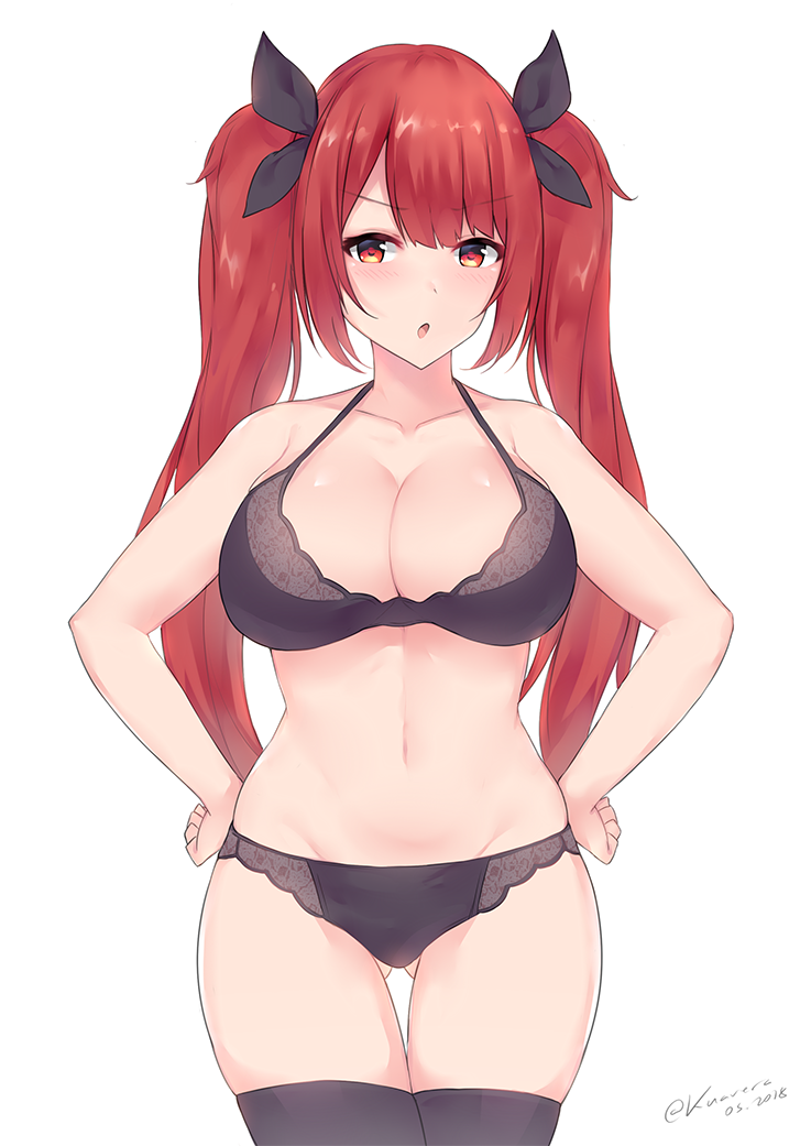 1girl :o azur_lane bare_shoulders black_bra black_legwear black_panties bra breasts cleavage collarbone eyes_visible_through_hair gluteal_fold hands_on_hips hips honolulu_(azur_lane) kuavera large_breasts long_hair navel panties parted_lips red_eyes redhead simple_background solo thigh-highs thigh_gap thighs twintails underwear white_background