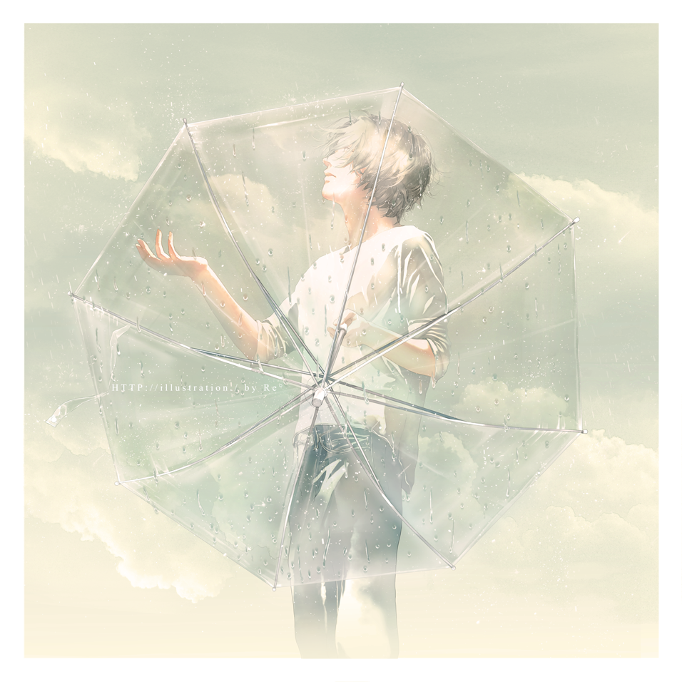 1boy artist_name clouds cloudy_sky expressionless frame grey_hair long_sleeves looking_up male_focus original outstretched_hand pants rain rido_(ridograph) shirt short_hair sky standing umbrella wet white_shirt