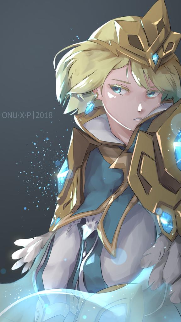 1girl blonde_hair blue_eyes blue_hair crown earrings feather_trim fire_emblem fire_emblem_heroes fjorm_(fire_emblem_heroes) gradient gradient_hair jewelry looking_at_viewer multicolored_hair short_hair simple_background solo