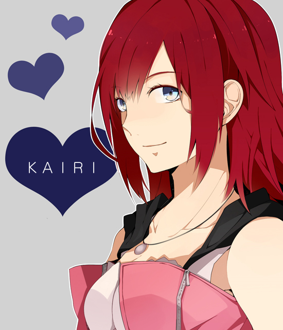 1girl bad_id bad_pixiv_id blue_eyes breasts cleavage jewelry kairi_(kingdom_hearts) kingdom_hearts kingdom_hearts_ii medium_breasts necklace redhead short_hair smile solo takashi_(huzakenna) zipper