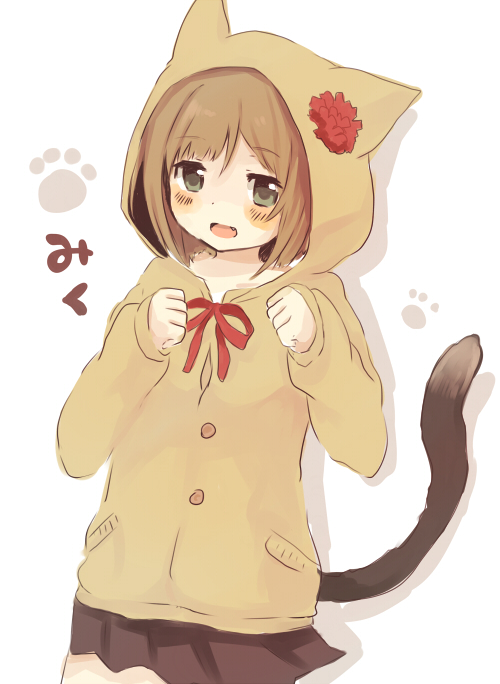 1girl :d animal_ears animal_hood bangs black_skirt blush brown_hoodie cat_ears cat_hood cat_tail commentary_request eyebrows_visible_through_hair fang foomi grey_eyes hair_between_eyes hands_up hood hood_up hoodie idolmaster idolmaster_cinderella_girls light_brown_hair long_sleeves looking_at_viewer maekawa_miku open_mouth paw_background pleated_skirt skirt sleeves_past_wrists smile solo tail white_background