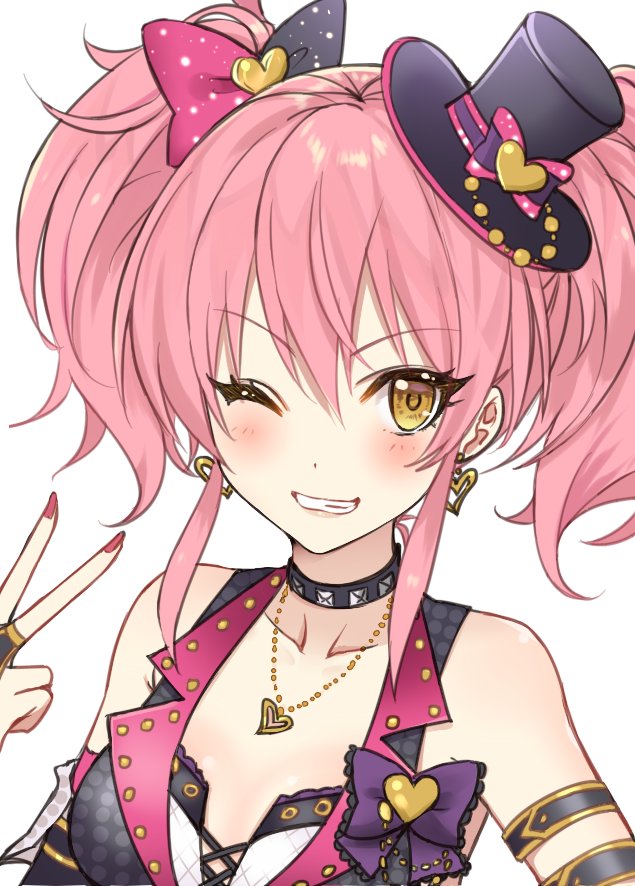 1girl armband bangs black_vest blush bow breasts collar collarbone earrings eyebrows_visible_through_hair eyelashes grin haikimono_shounen hair_between_eyes hair_bow hand_gesture hat heart heart_earrings idolmaster idolmaster_cinderella_girls jewelry jougasaki_mika long_hair looking_at_viewer medium_breasts mini_hat nail_polish necklace pink_hair pink_nails sidelocks simple_background smile solo twintails v vest white_background yellow_eyes