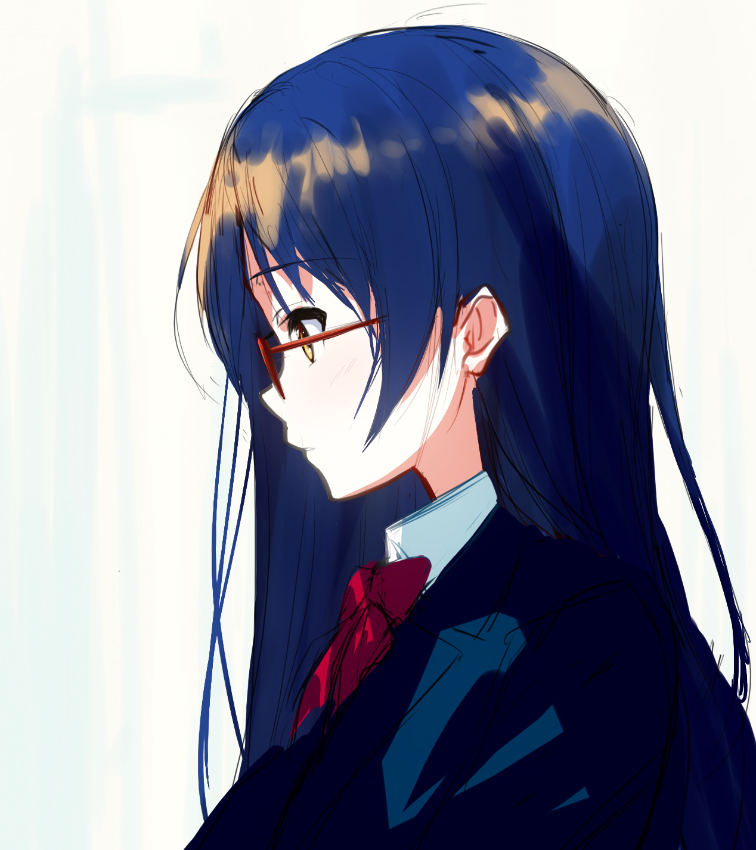 1girl blazer blue_hair bow bowtie closed_mouth commentary_request eyebrows_visible_through_hair from_side glasses hair_between_eyes itsui_(dihydrogenmonoxid) jacket long_hair looking_to_the_side love_live! love_live!_school_idol_project otonokizaka_school_uniform red-framed_eyewear red_neckwear school_uniform simple_background solo sonoda_umi striped_neckwear upper_body yellow_eyes