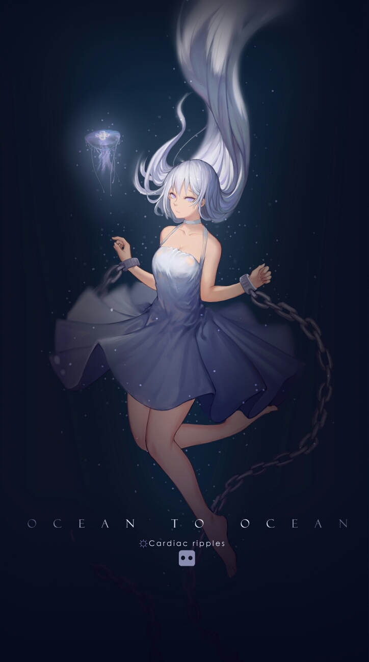 1girl bare_shoulders barefoot bound bound_wrists chains choker cuffs dress english floating_hair highres jellyfish long_hair looking_at_viewer original pre_(17194196) shackles short_dress solo submerged underwear very_long_hair water white_choker white_dress white_eyes white_hair